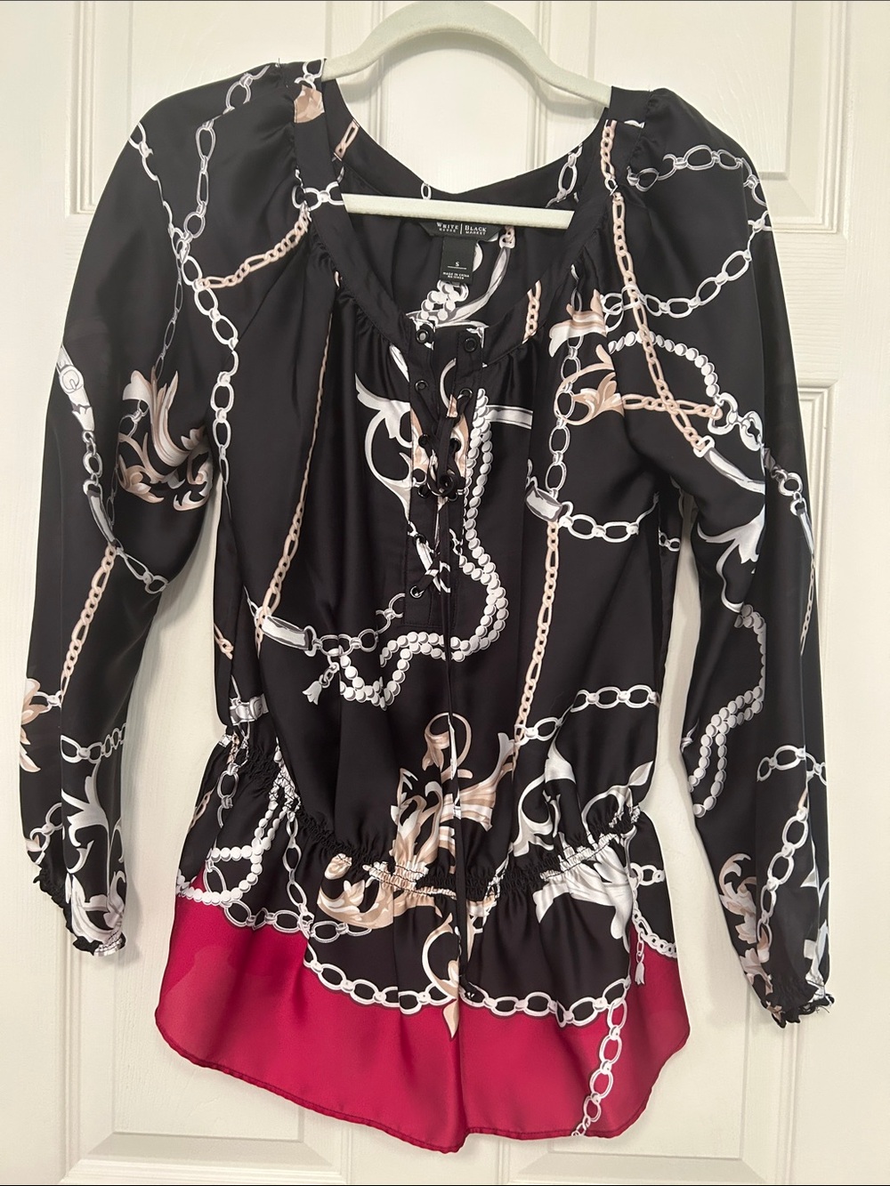 White House Black Market:
Chain Print, Lace-Up Peasant Blouse // Worn Once